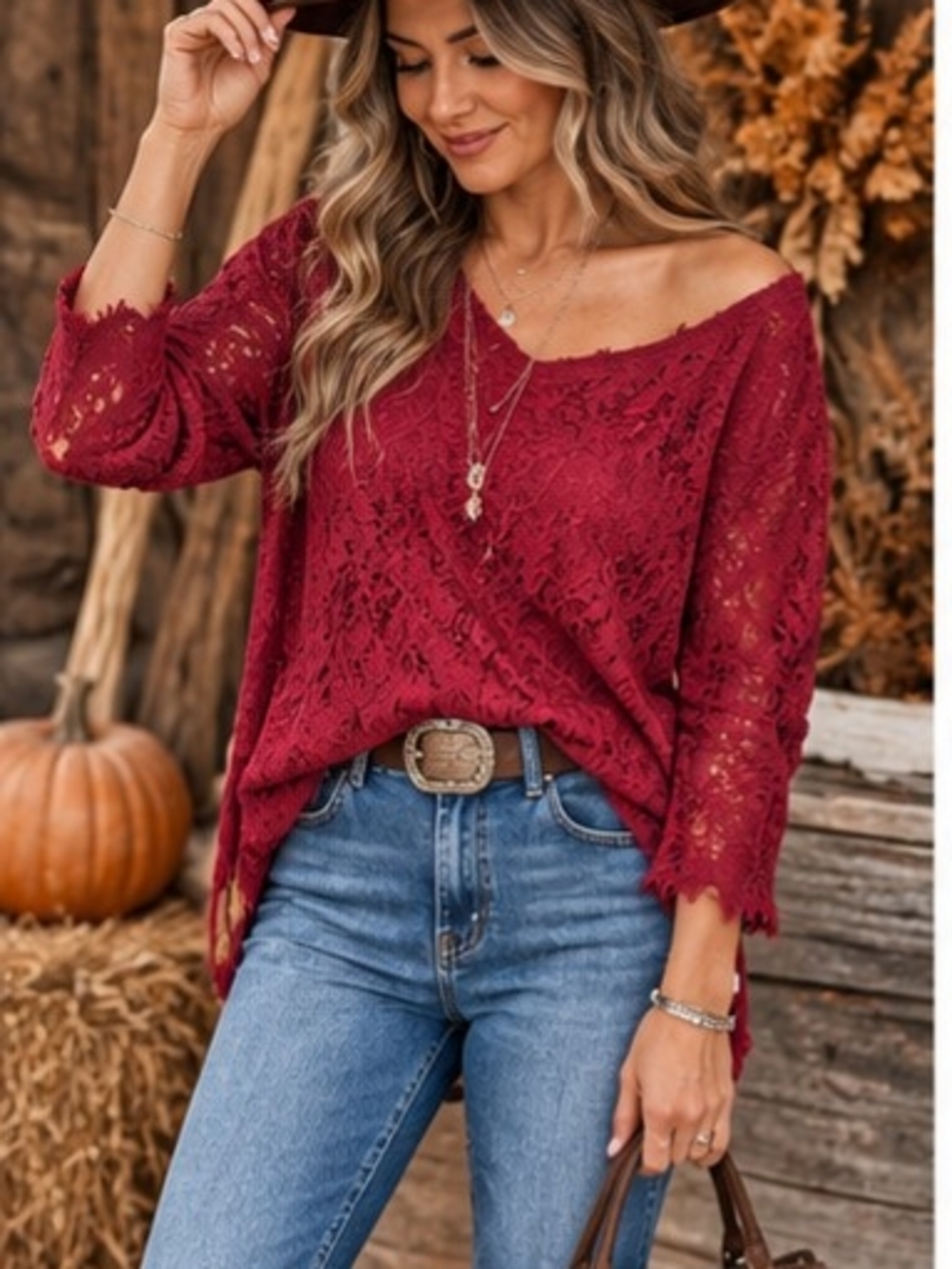 Miss Chievous Burgundy Red Off-The-Shoulder Lace Blouse Top, Size L